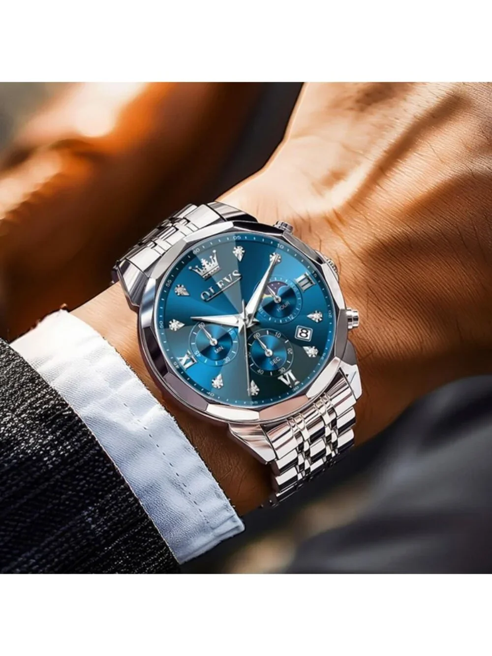 Luxury Stainless Steel Men's Watch - Diamond Chronograph, Multifunction, Date